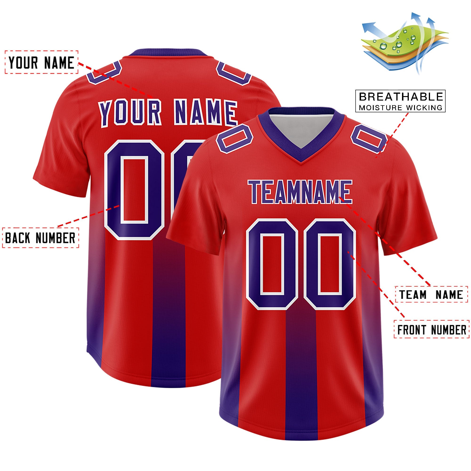 Custom Red Purple Vertical Width Stripe Gradient Fashion Personalized Team American Football Jersey