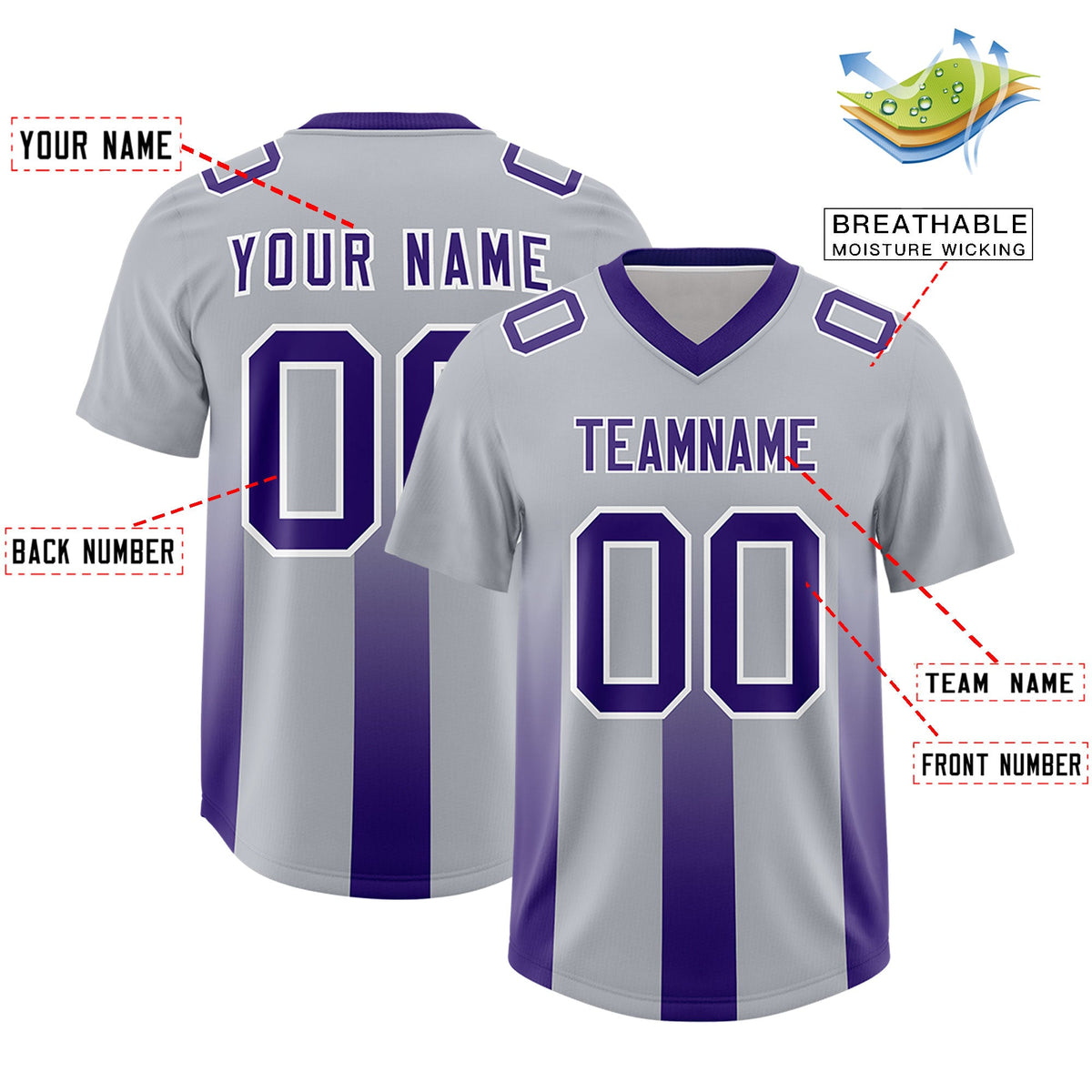 Custom Gray Purple Vertical Width Stripe Gradient Fashion Personalized Team American Football Jersey