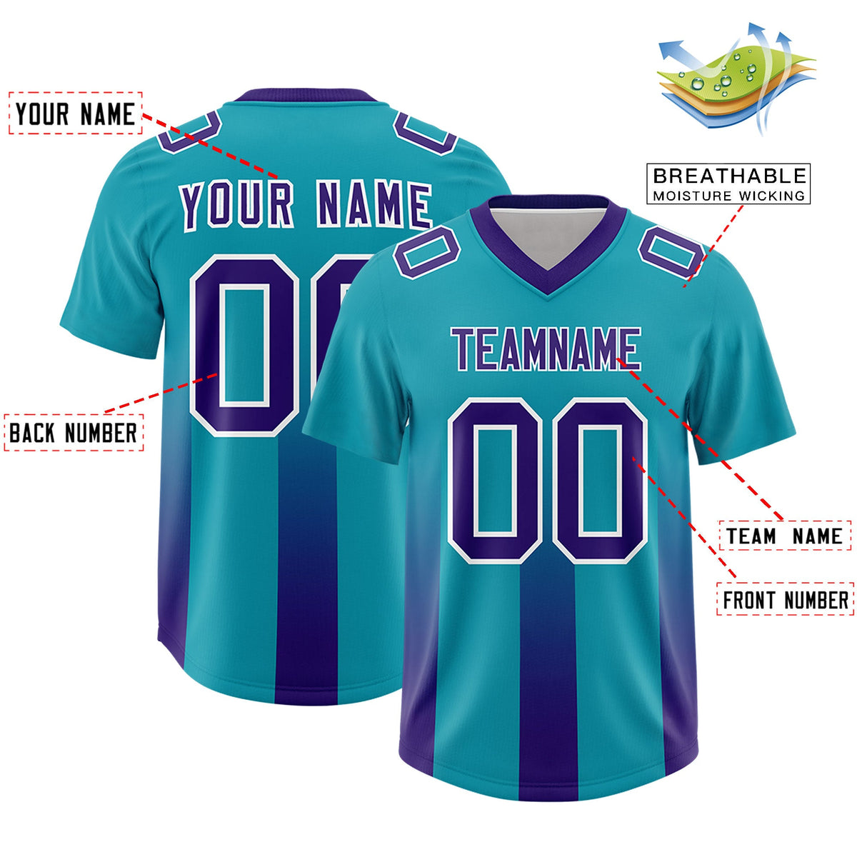 Custom Aqua Purple Vertical Width Stripe Gradient Fashion Personalized Team American Football Jersey