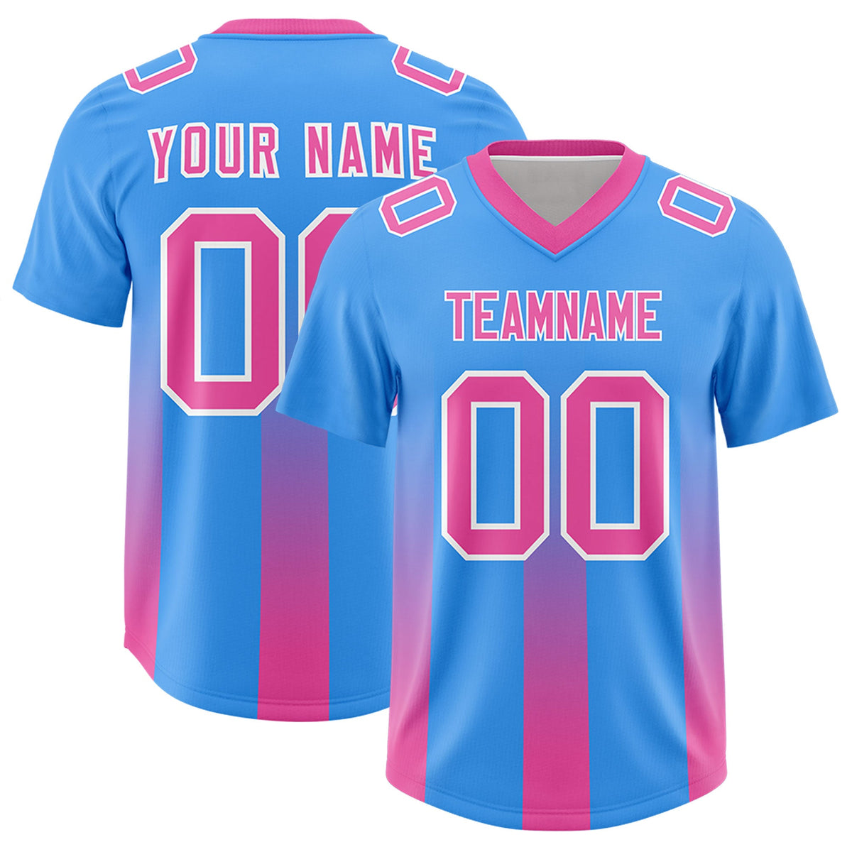 Custom Light Blue Pink Vertical Width Stripe Gradient Fashion Personalized Team American Football Jersey