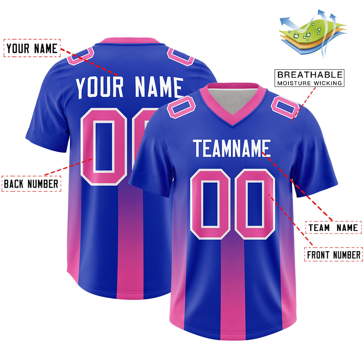 Custom Royal Pink Vertical Width Stripe Gradient Fashion Personalized Team American Football Jersey