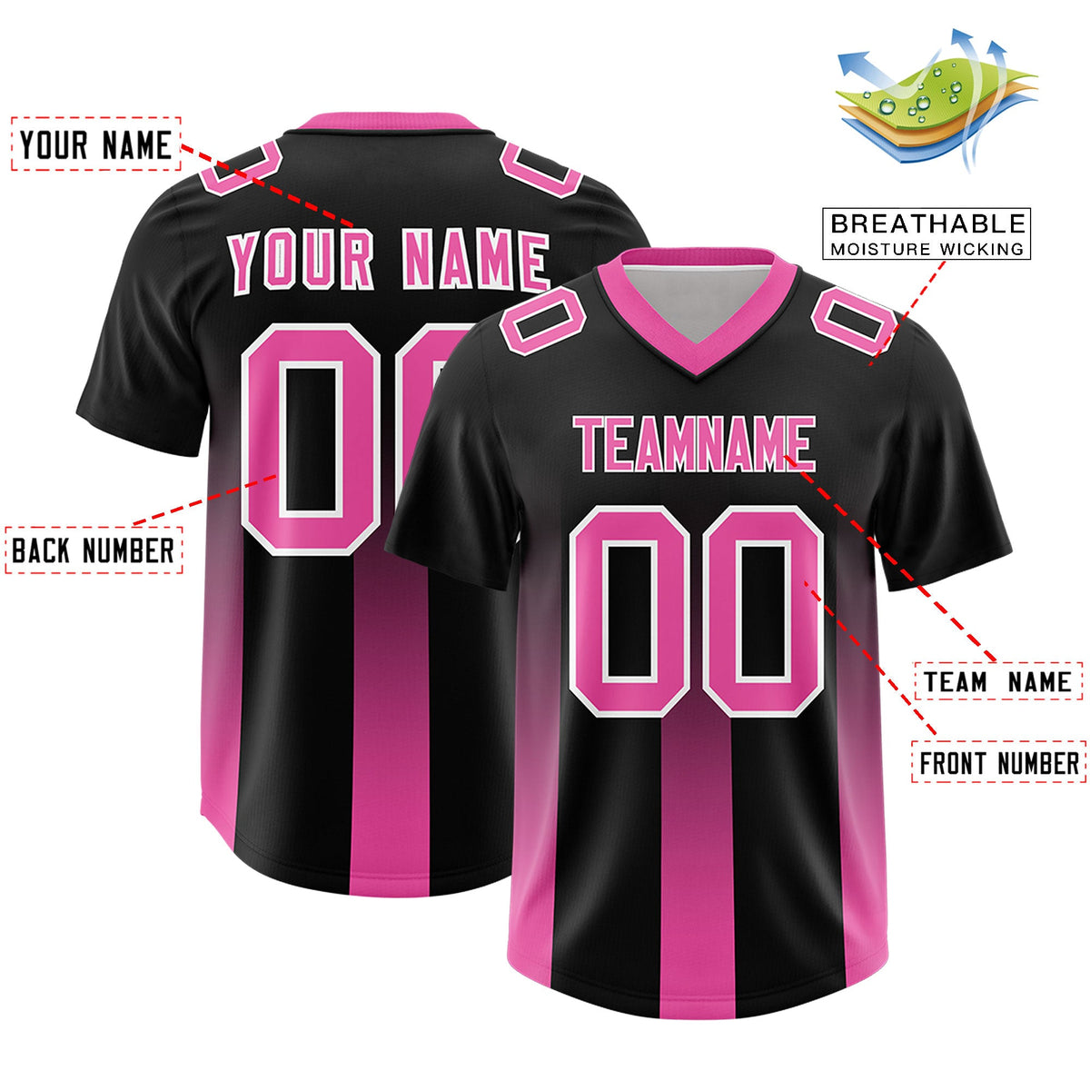 Custom Black Pink Vertical Width Stripe Gradient Fashion Personalized Team American Football Jersey