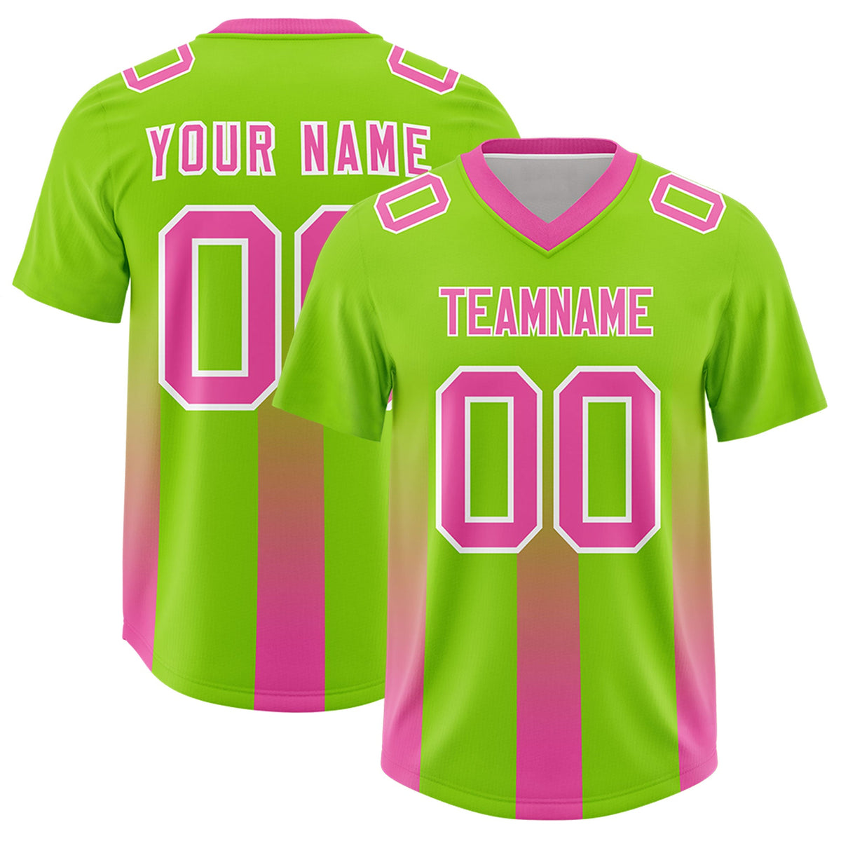 Custom Neon Green Pink Vertical Width Stripe Gradient Fashion Personalized Team American Football Jersey