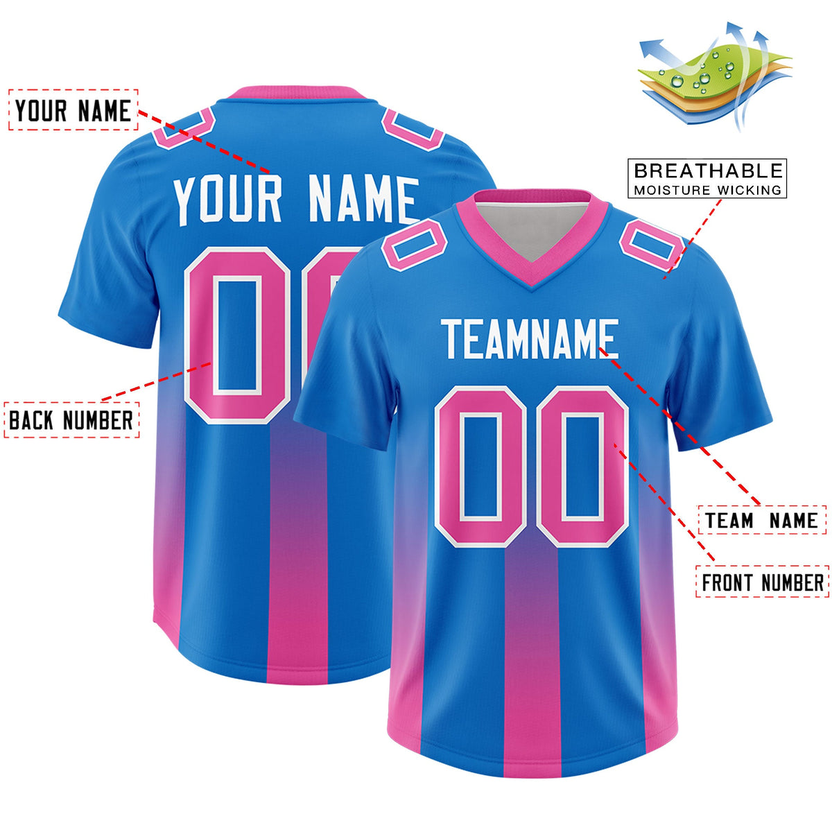 Custom Royal Pink Vertical Width Stripe Gradient Fashion Personalized Team American Football Jersey