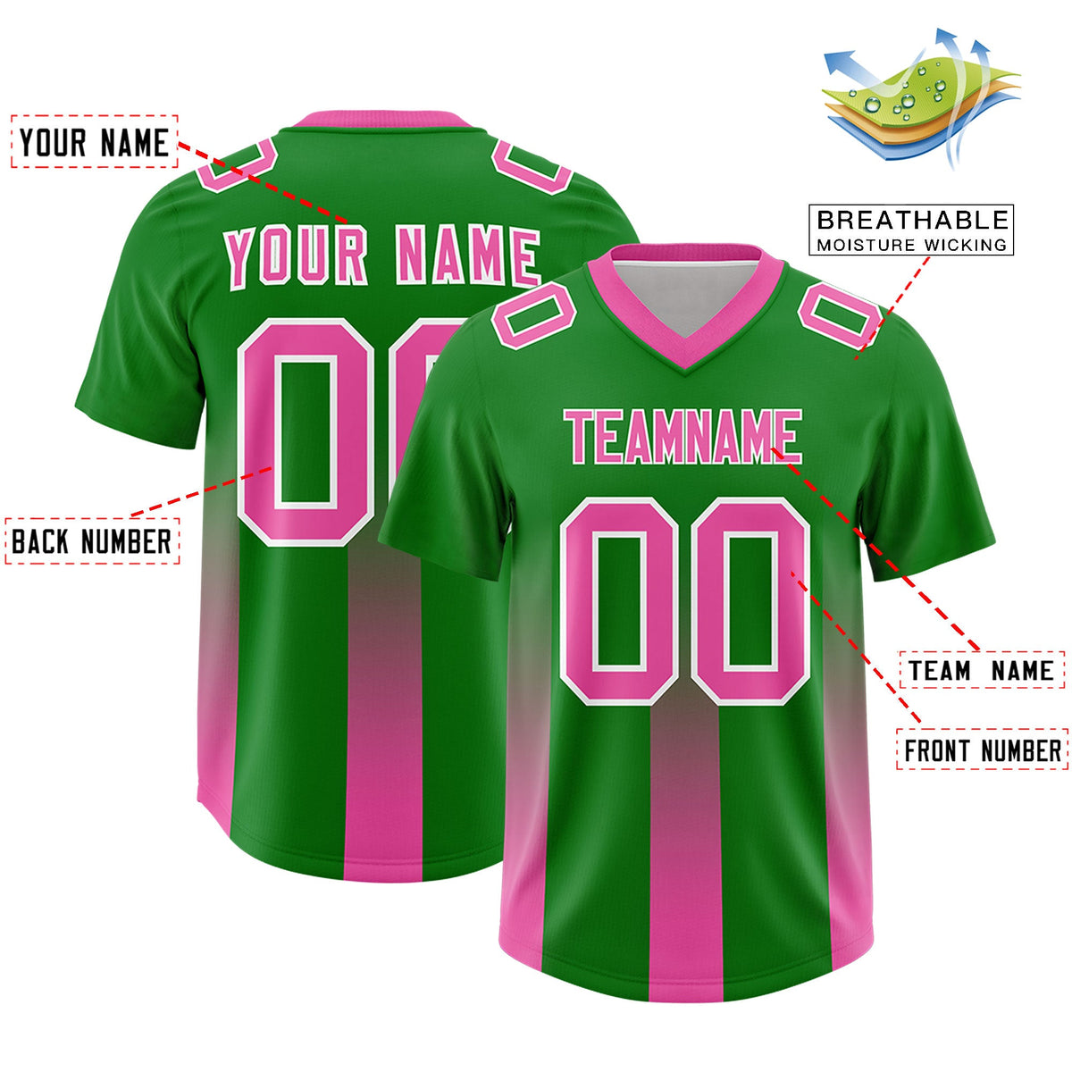 Custom Kelly Green Pink Vertical Width Stripe Gradient Fashion Personalized Team American Football Jersey