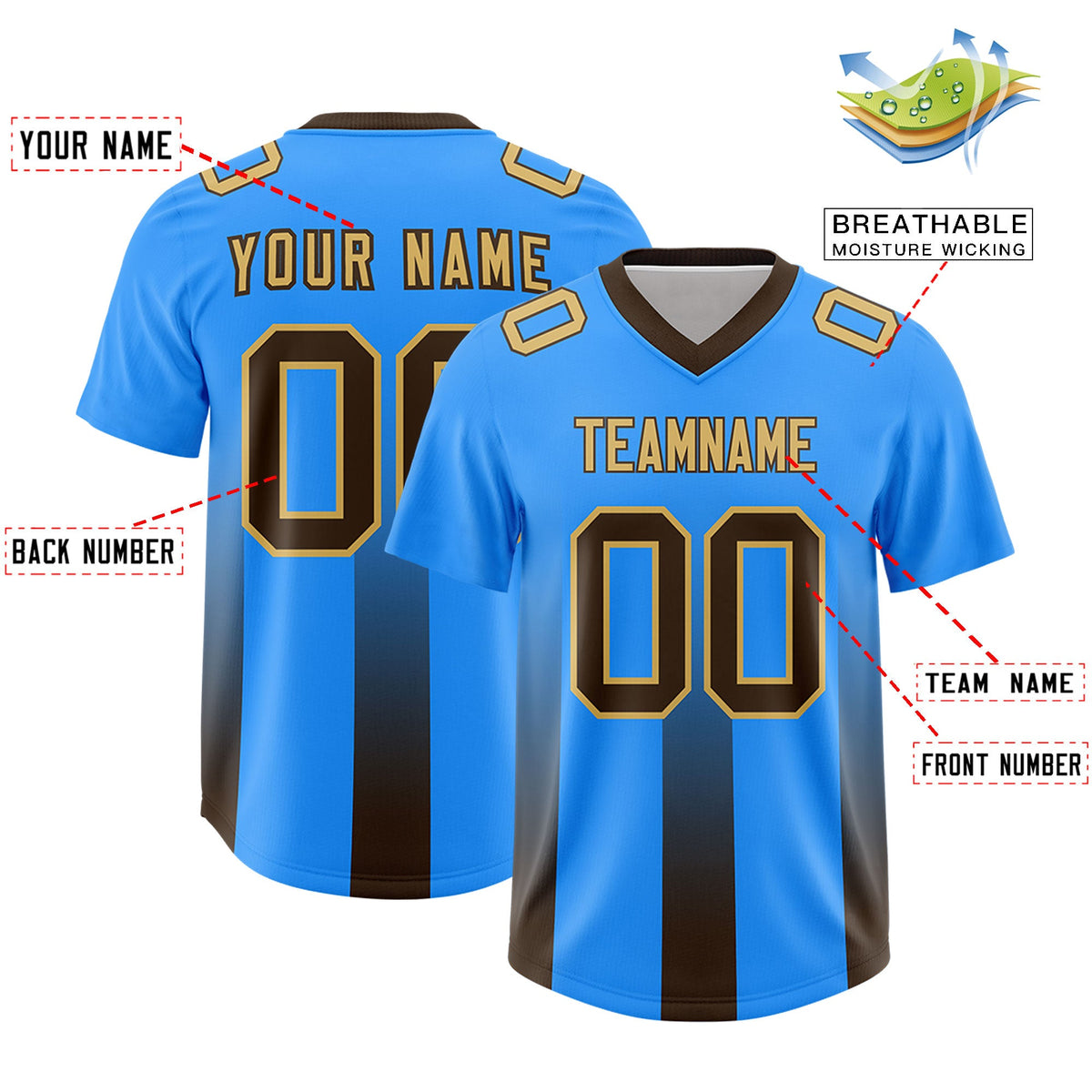 Custom Light Blue Brown Vertical Width Stripe Gradient Fashion Personalized Team American Football Jersey