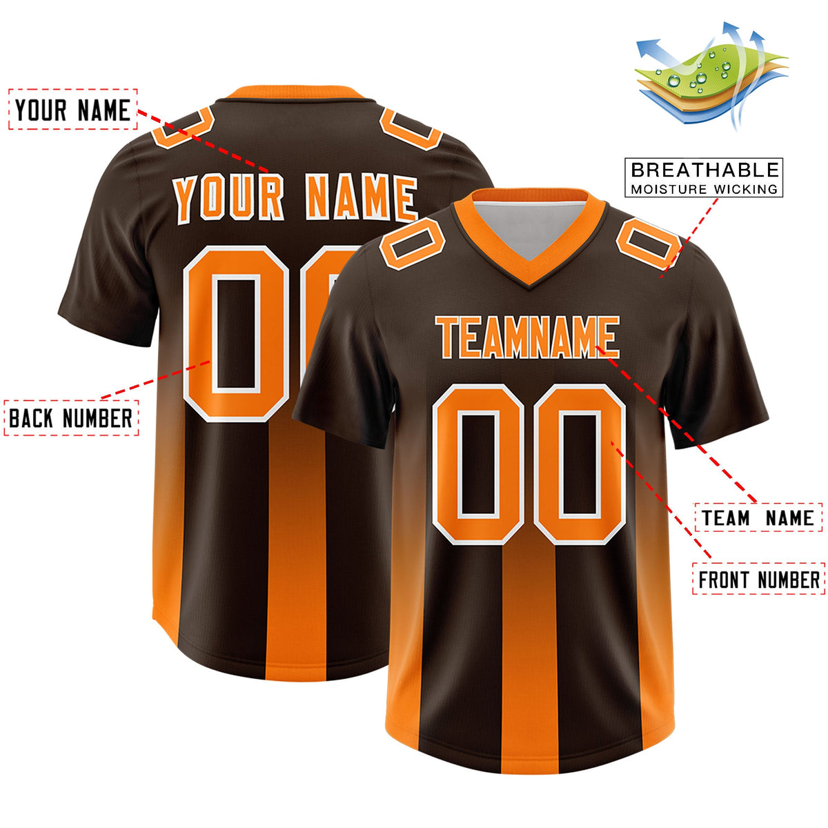 Custom Brown Orange Vertical Width Stripe Gradient Fashion Personalized Team American Football Jersey