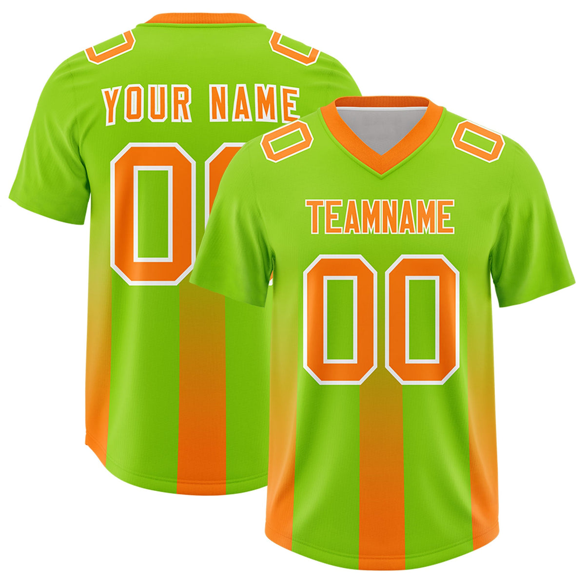 Custom Neon Green Orange Vertical Width Stripe Gradient Fashion Personalized Team American Football Jersey