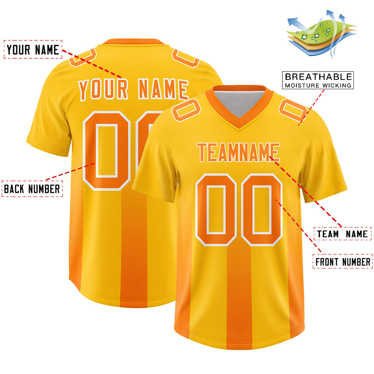 Custom Yellow Orange Vertical Width Stripe Gradient Fashion Personalized Team American Football Jersey