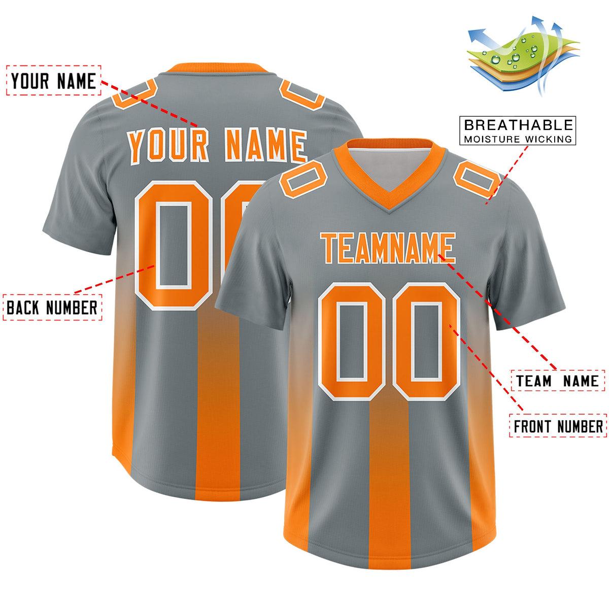 Custom Dark Gray Orange Vertical Width Stripe Gradient Fashion Personalized Team American Football Jersey