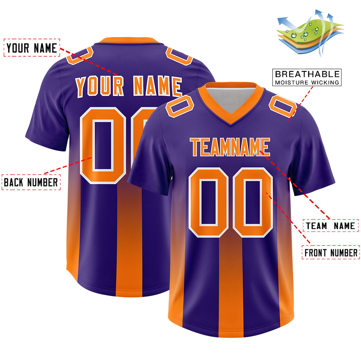 Custom Purple Orange Vertical Width Stripe Gradient Fashion Personalized Team American Football Jersey