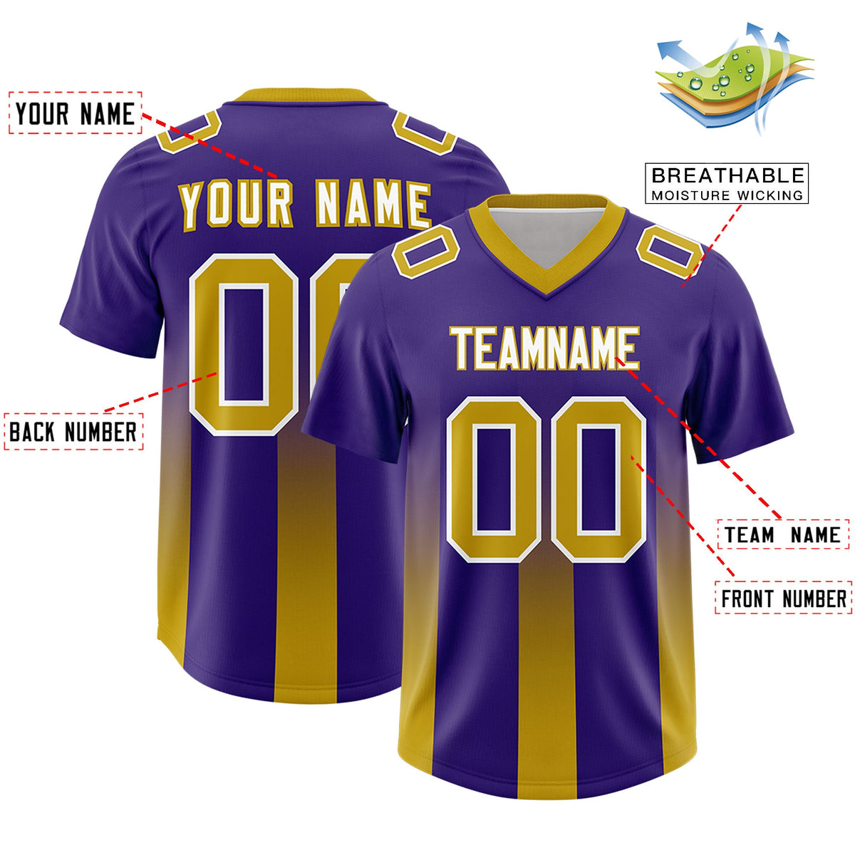 Custom Purple Old Gold Vertical Width Stripe Gradient Fashion Personalized Team American Football Jersey