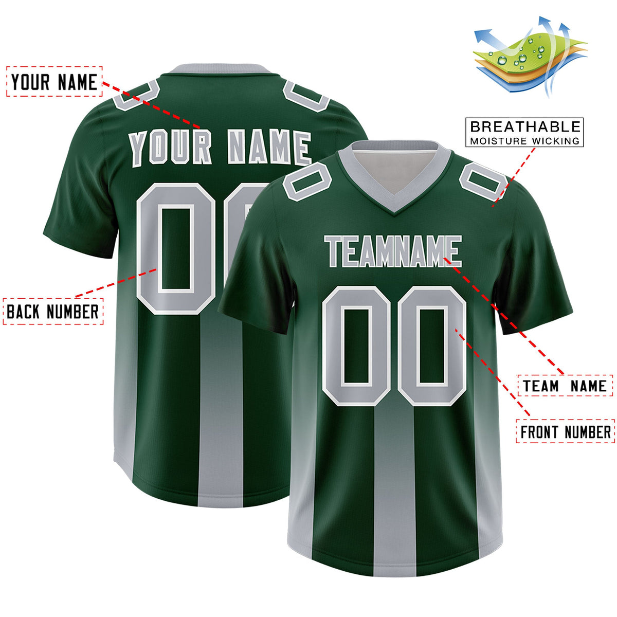 Custom Green Gray Vertical Width Stripe Gradient Fashion Personalized Team American Football Jersey