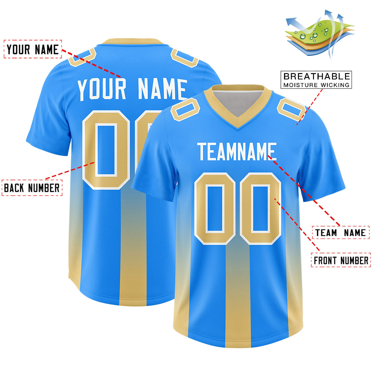 Custom Light Blue Khaki Vertical Width Stripe Gradient Fashion Personalized Team American Football Jersey