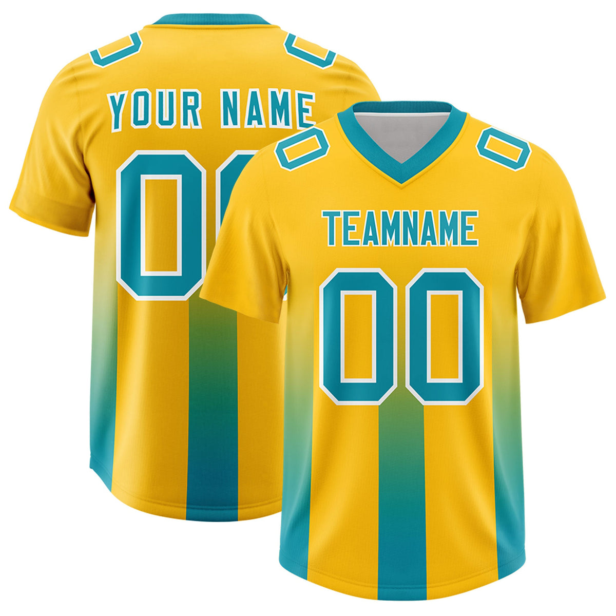 Custom Yellow Aqua Vertical Width Stripe Gradient Fashion Personalized Team American Football Jersey