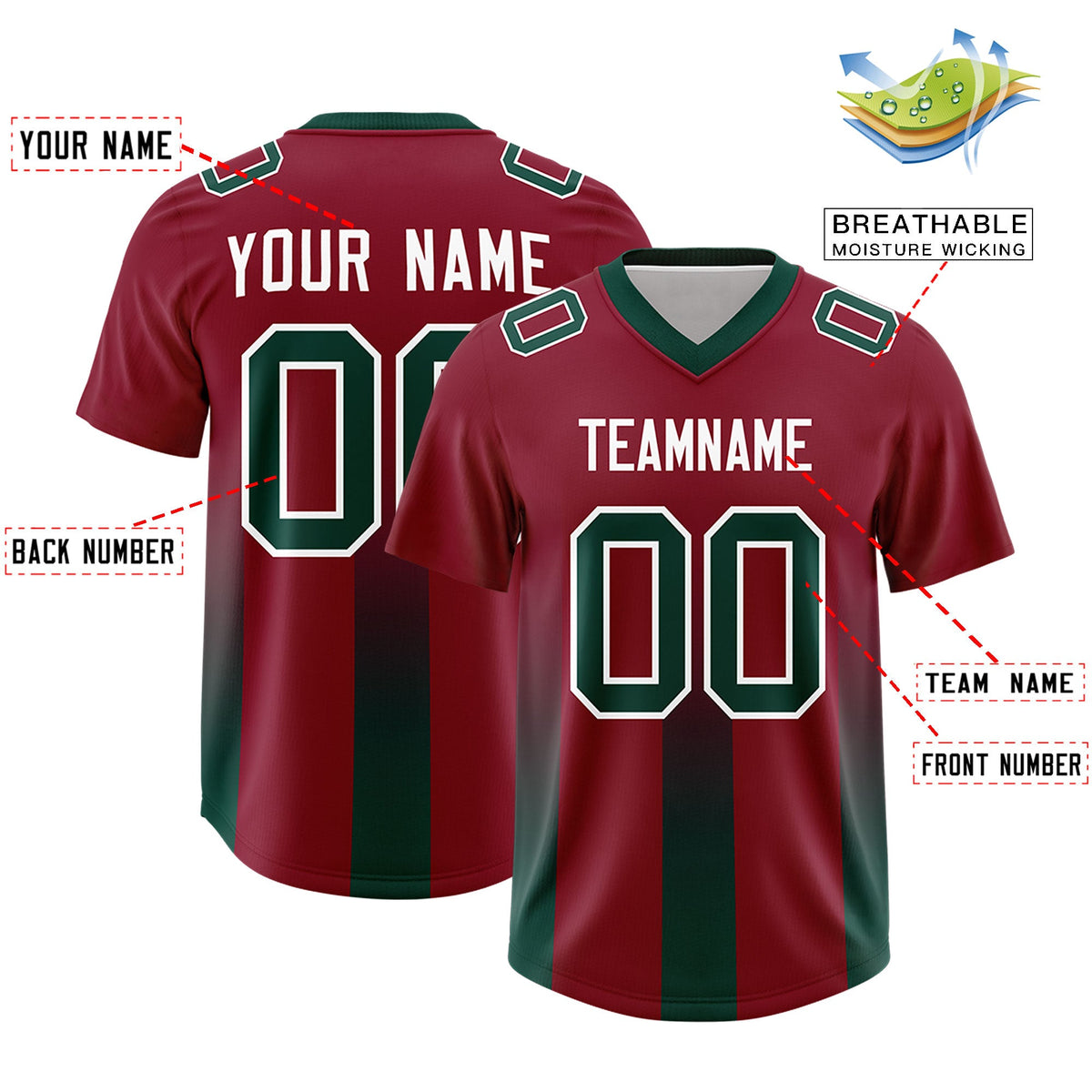 Custom Cardinal Midnight Green Vertical Width Stripe Gradient Fashion Personalized Team American Football Jersey