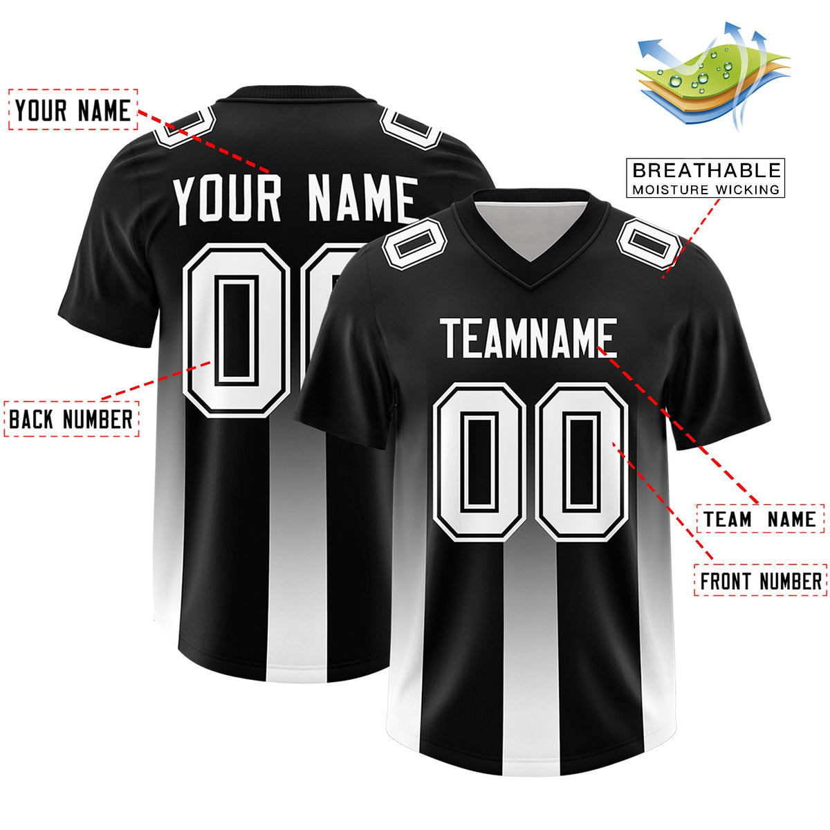 Custom Black White Vertical Width Stripe Gradient Fashion Personalized Team American Football Jersey