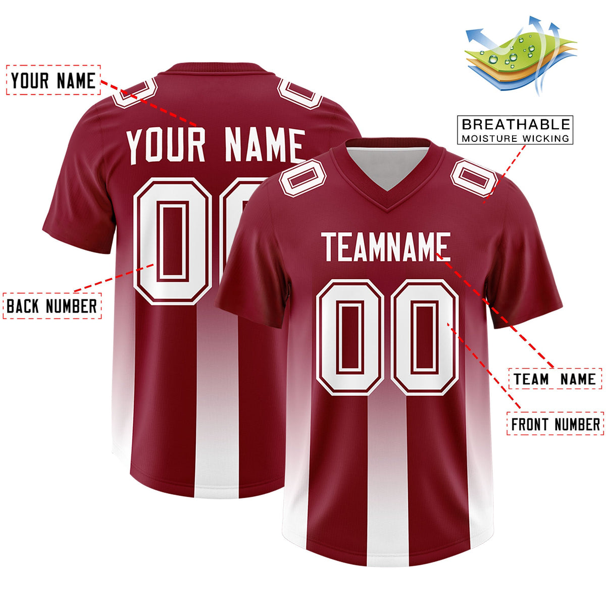 Custom Cardinal White Vertical Width Stripe Gradient Fashion Personalized Team American Football Jersey