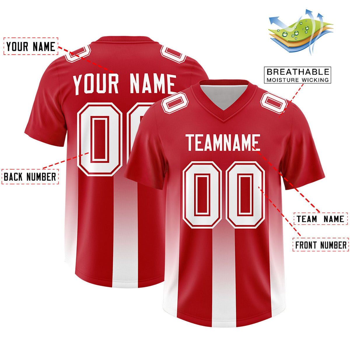 Custom Red White Vertical Width Stripe Gradient Fashion Personalized Team American Football Jersey