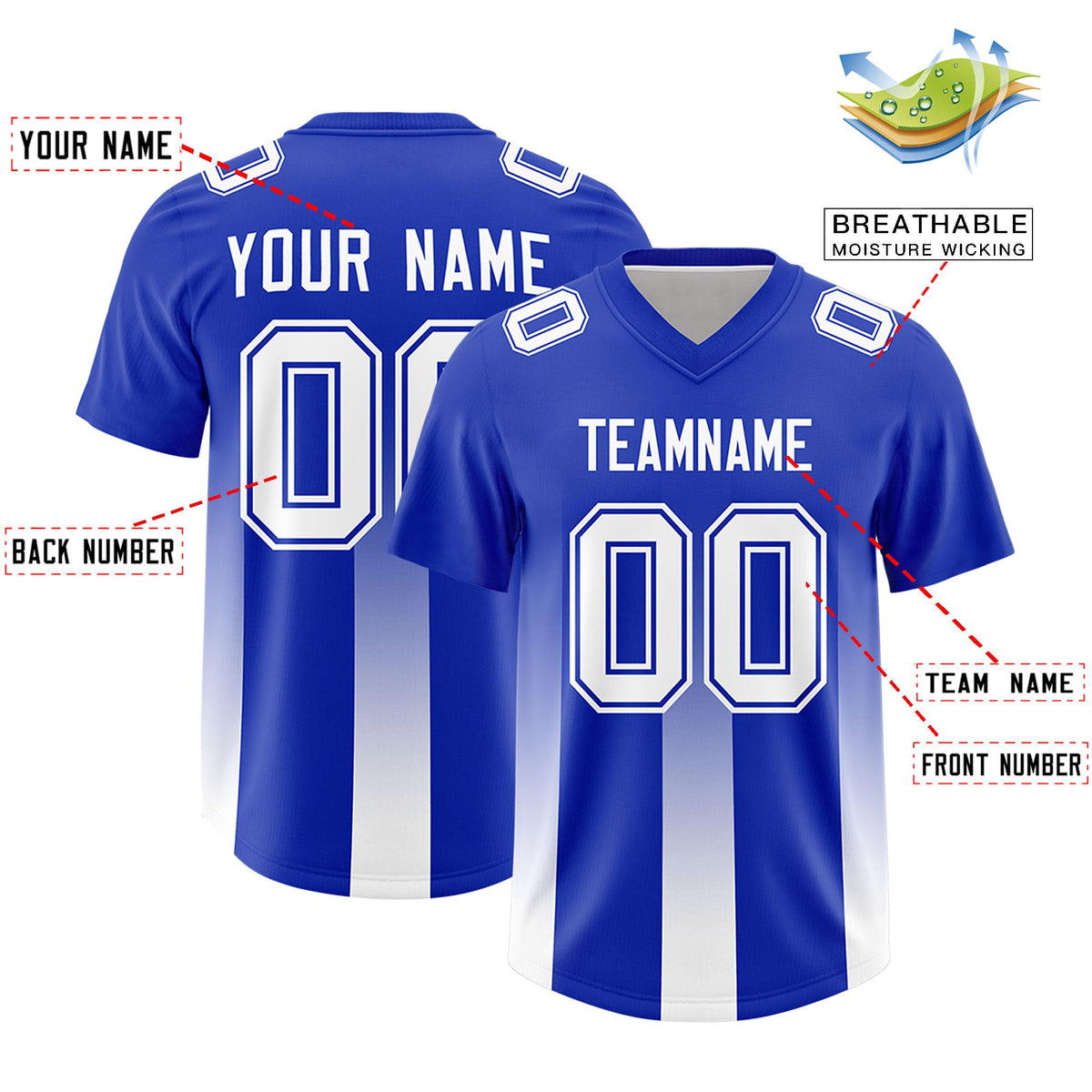 Custom Royal White Vertical Width Stripe Gradient Fashion Personalized Team American Football Jersey