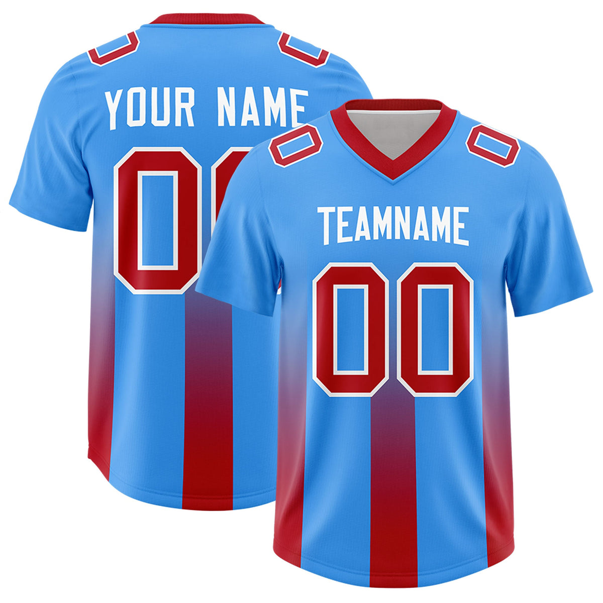 Custom Light Blue Red Vertical Width Stripe Gradient Fashion Personalized Team American Football Jersey