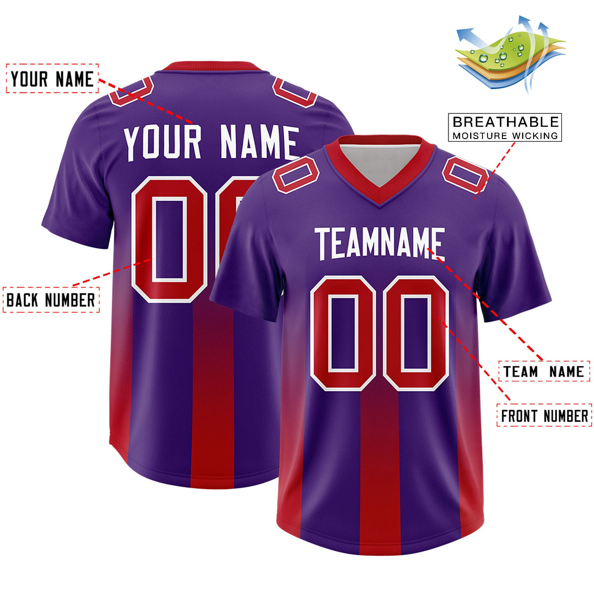 Custom Purple Red Vertical Width Stripe Gradient Fashion Personalized Team American Football Jersey
