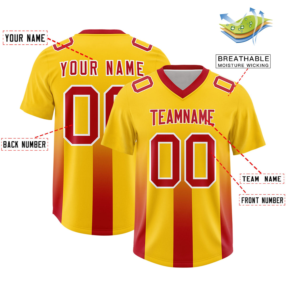 Custom Yellow Red Vertical Width Stripe Gradient Fashion Personalized Team American Football Jersey