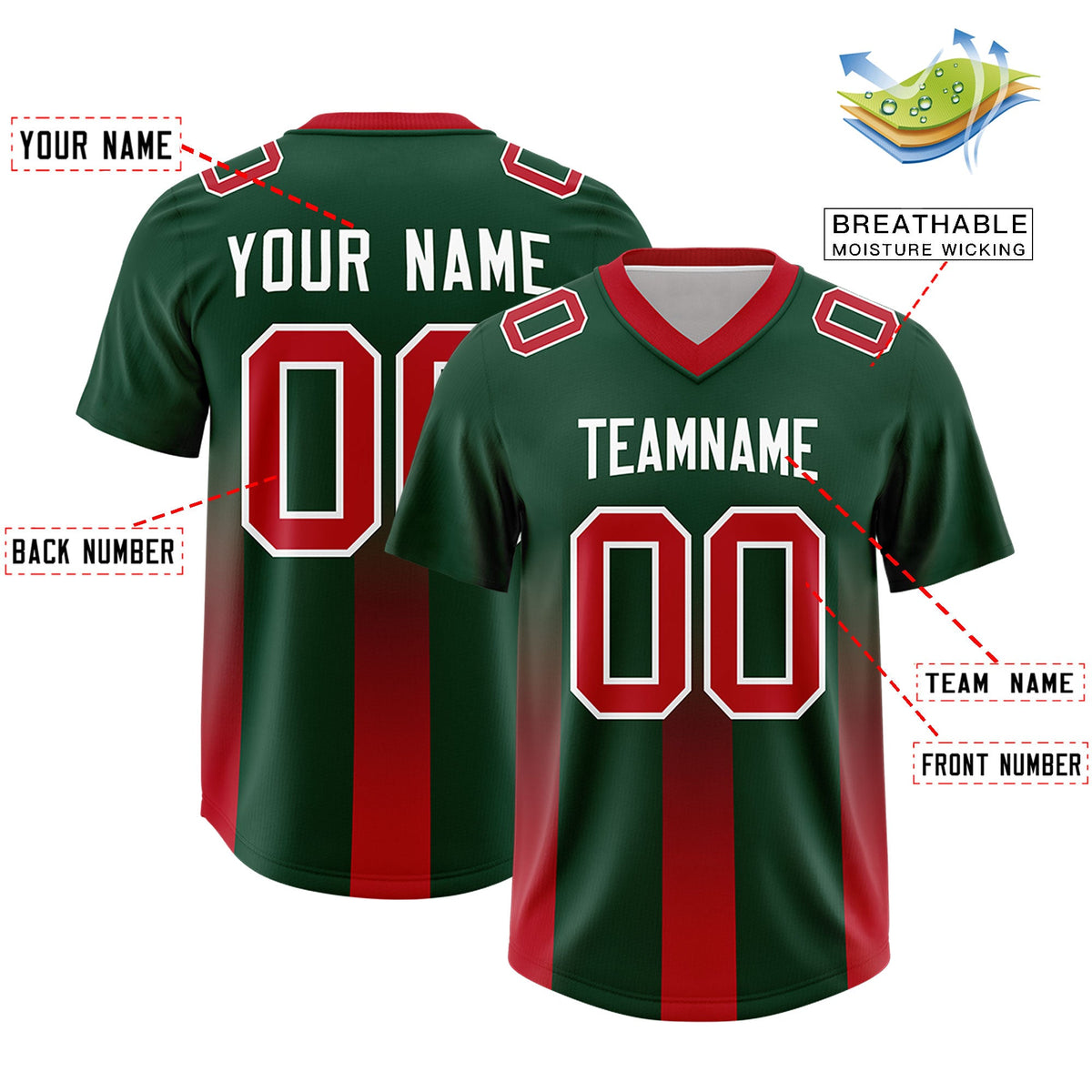 Custom Green Red Vertical Width Stripe Gradient Fashion Personalized Team American Football Jersey