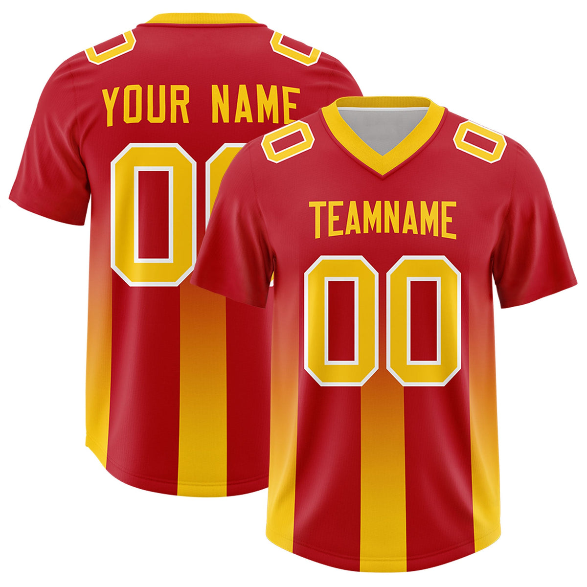 Custom Red Yellow Vertical Width Stripe Gradient Fashion Personalized Team American Football Jersey