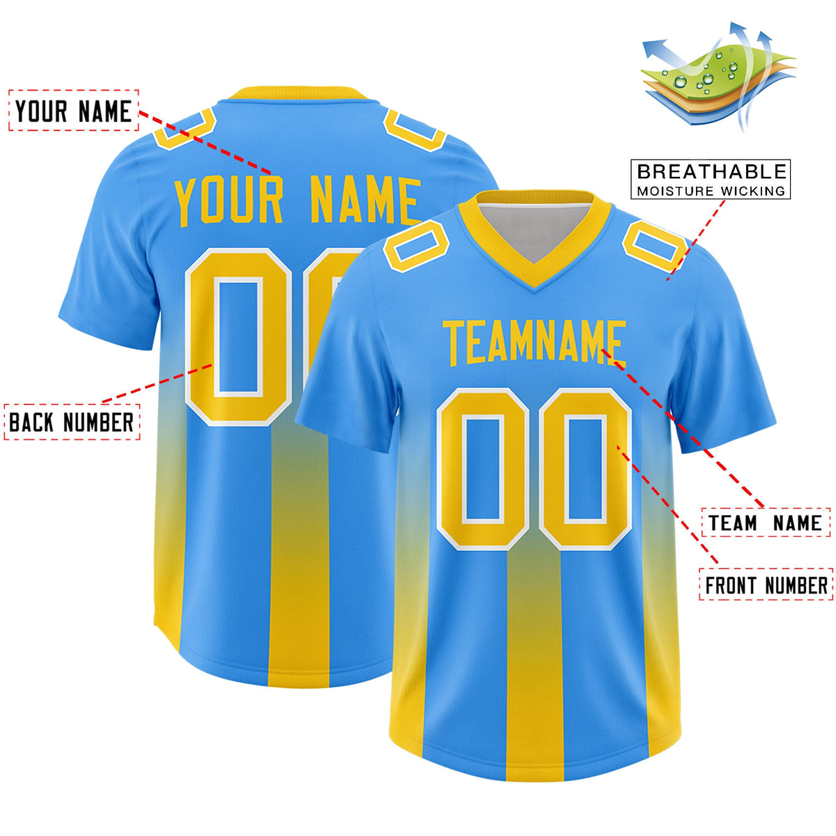 Custom Light Blue Yellow Vertical Width Stripe Gradient Fashion Personalized Team American Football Jersey