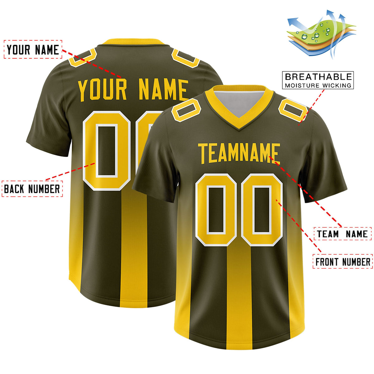 Custom Olive Yellow Vertical Width Stripe Gradient Fashion Personalized Team American Football Jersey