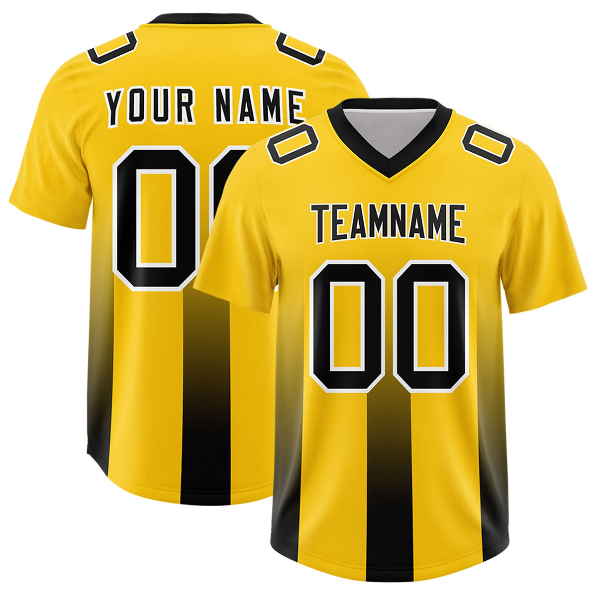 Custom Yellow Black Vertical Width Stripe Gradient Fashion Personalized Team American Football Jersey