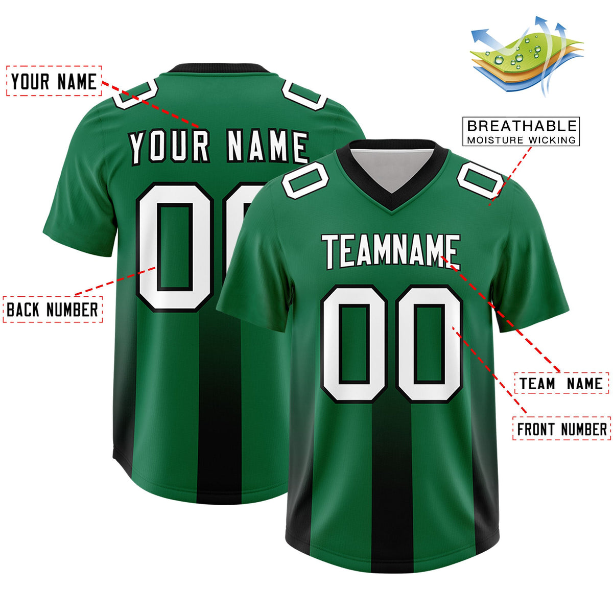 Custom Kelly Green Black Vertical Width Stripe Gradient Fashion Personalized Team American Football Jersey