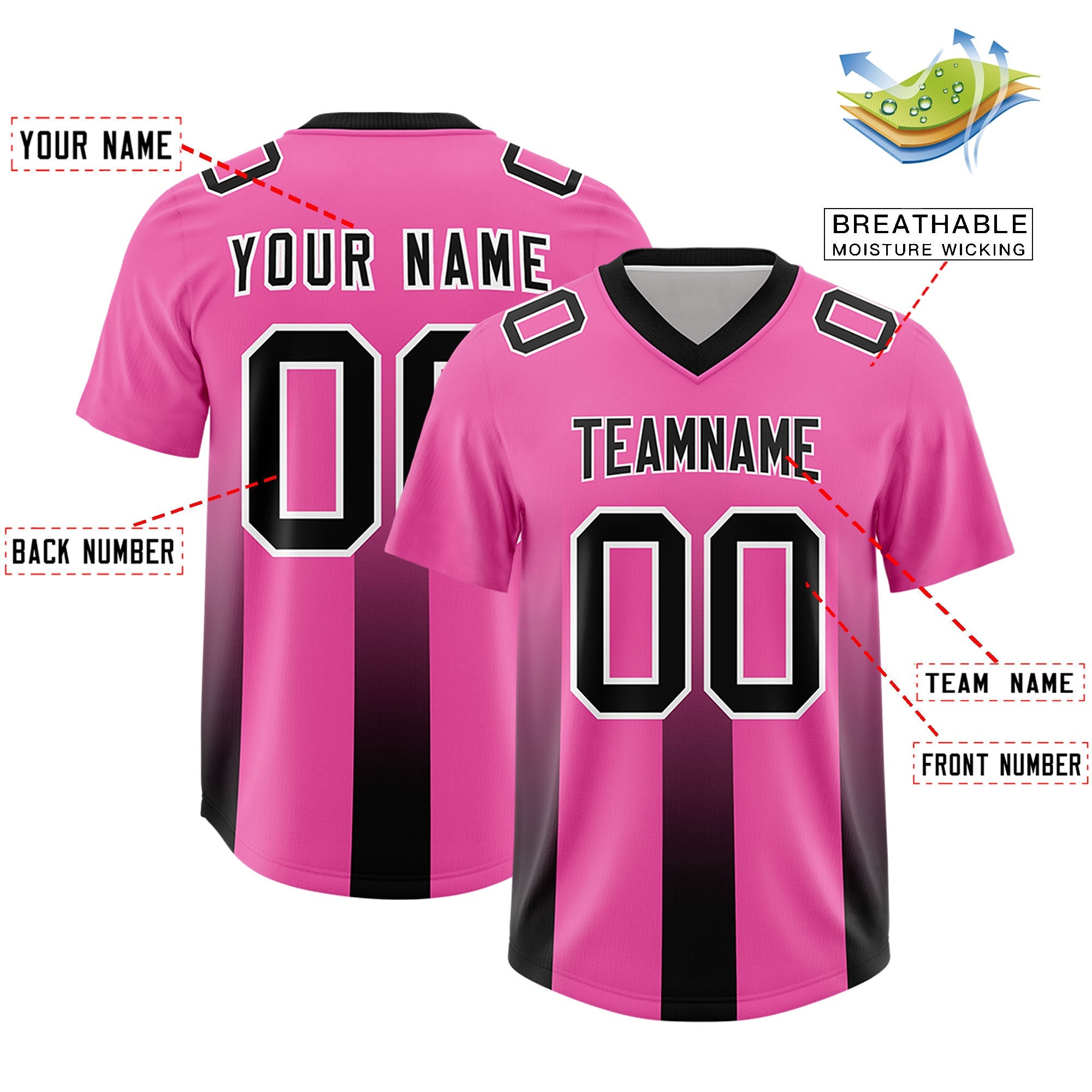 Custom Pink Black Vertical Width Stripe Gradient Fashion Personalized Team American Football Jersey