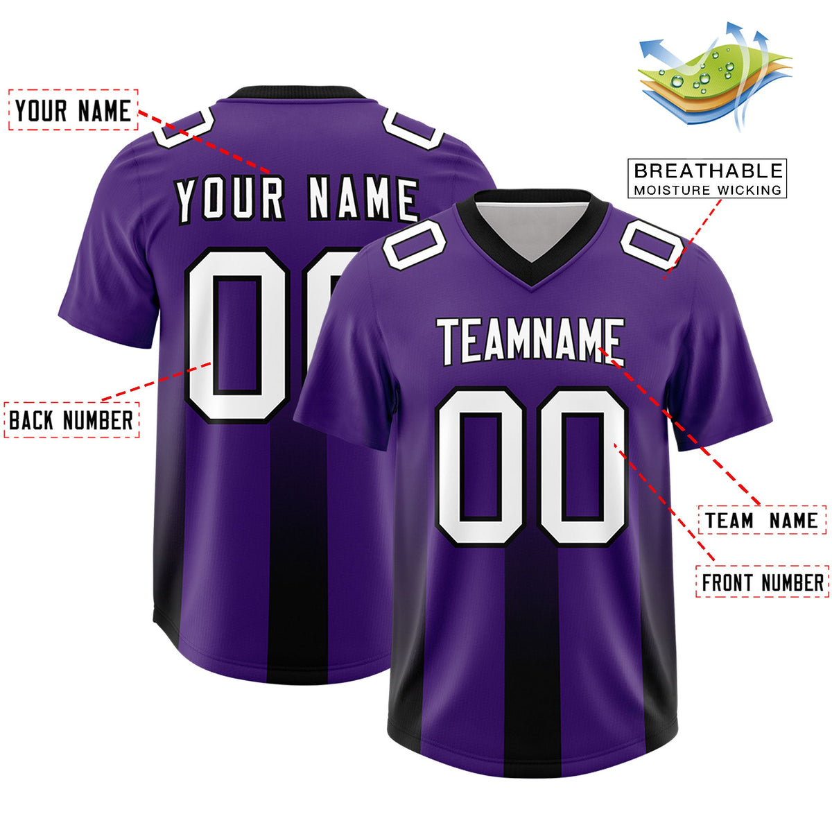 Custom Purple Black Vertical Width Stripe Gradient Fashion Personalized Team American Football Jersey