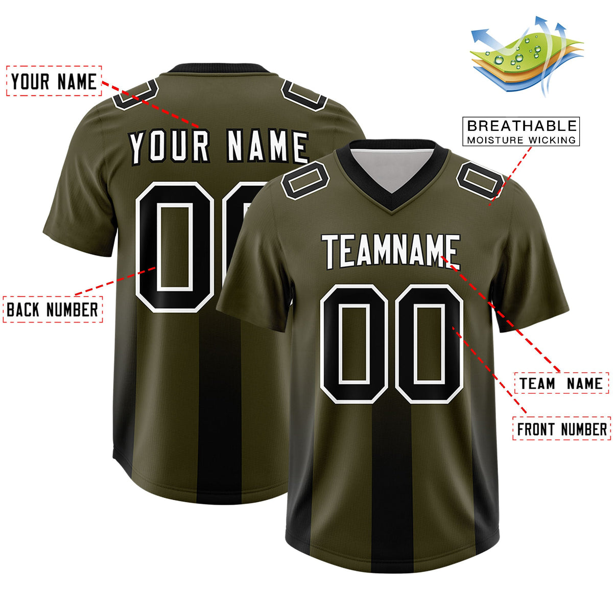 Custom Olive Black Vertical Width Stripe Gradient Fashion Personalized Team American Football Jersey