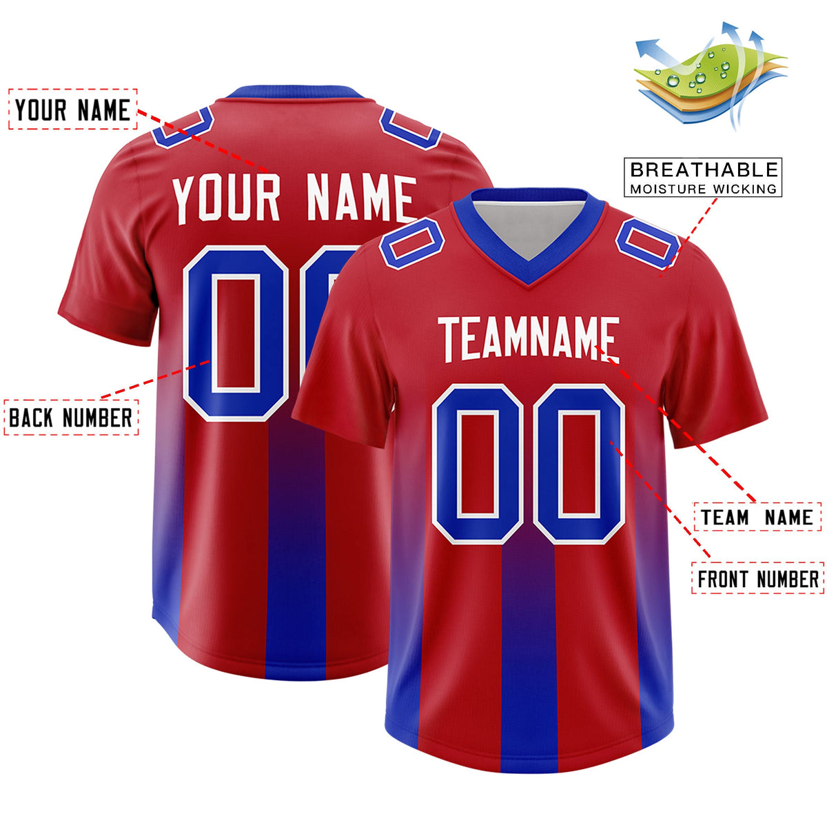 Custom Red Royal Vertical Width Stripe Gradient Fashion Personalized Team American Football Jersey