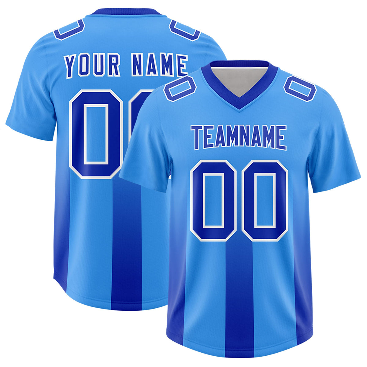 Custom Light Blue Royal Vertical Width Stripe Gradient Fashion Personalized Team American Football Jersey