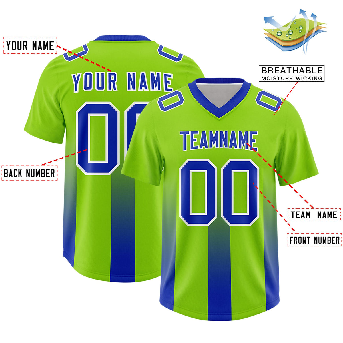 Custom Neon Green Royal Vertical Width Stripe Gradient Fashion Personalized Team American Football Jersey
