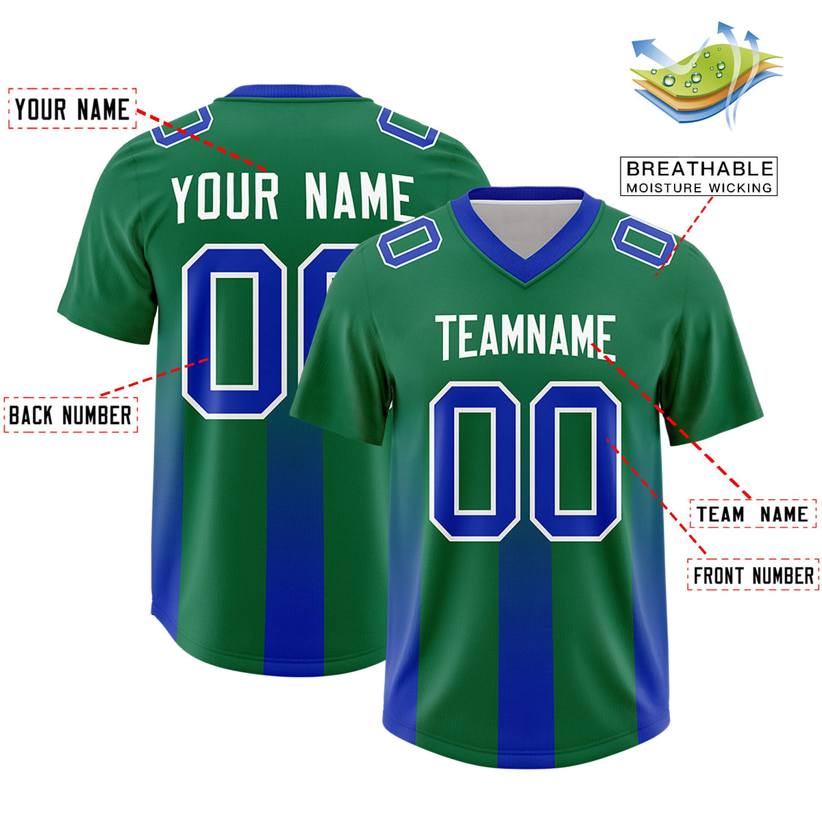 Custom Kelly Green Royal Vertical Width Stripe Gradient Fashion Personalized Team American Football Jersey