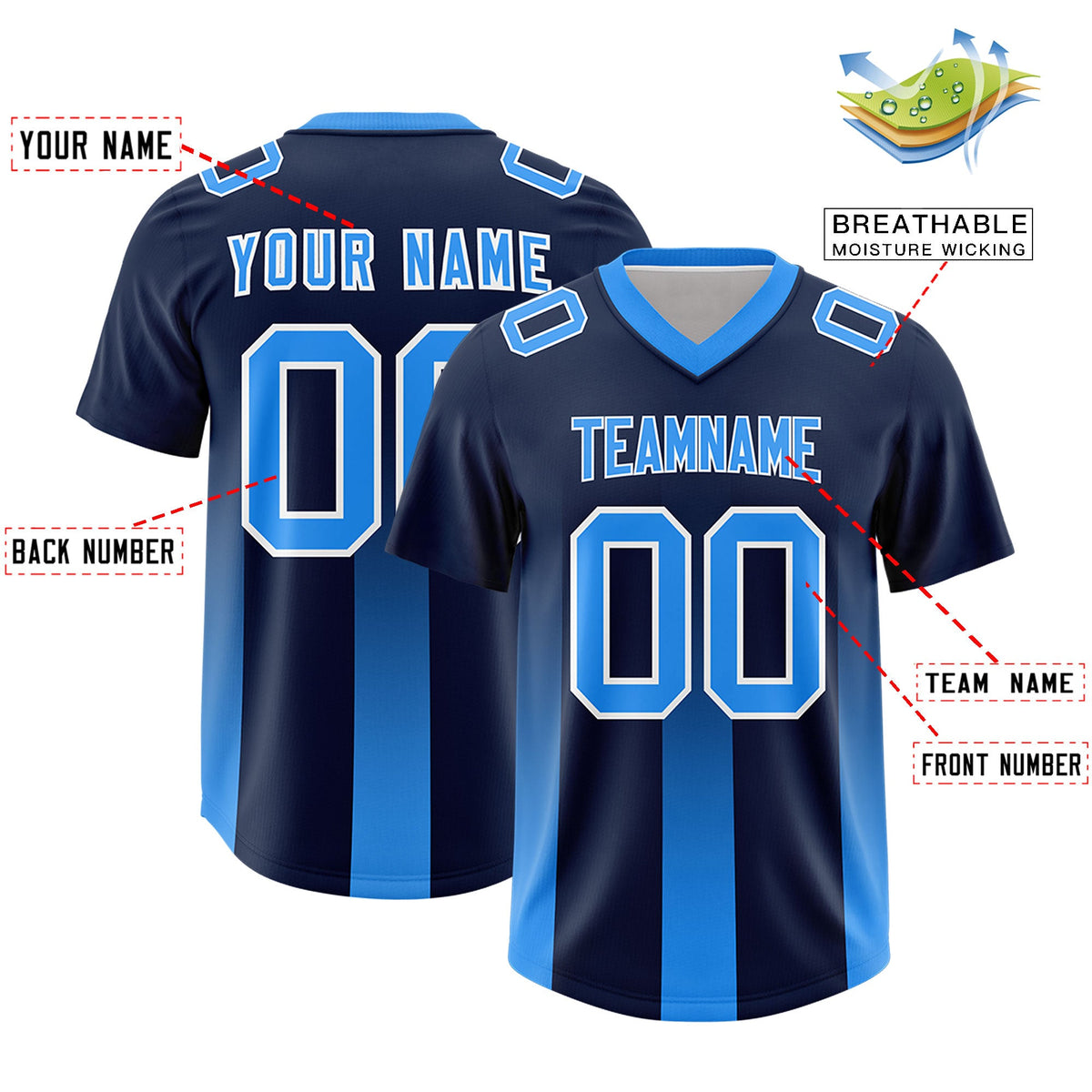 Custom Navy Light Blue Vertical Width Stripe Gradient Fashion Personalized Team American Football Jersey