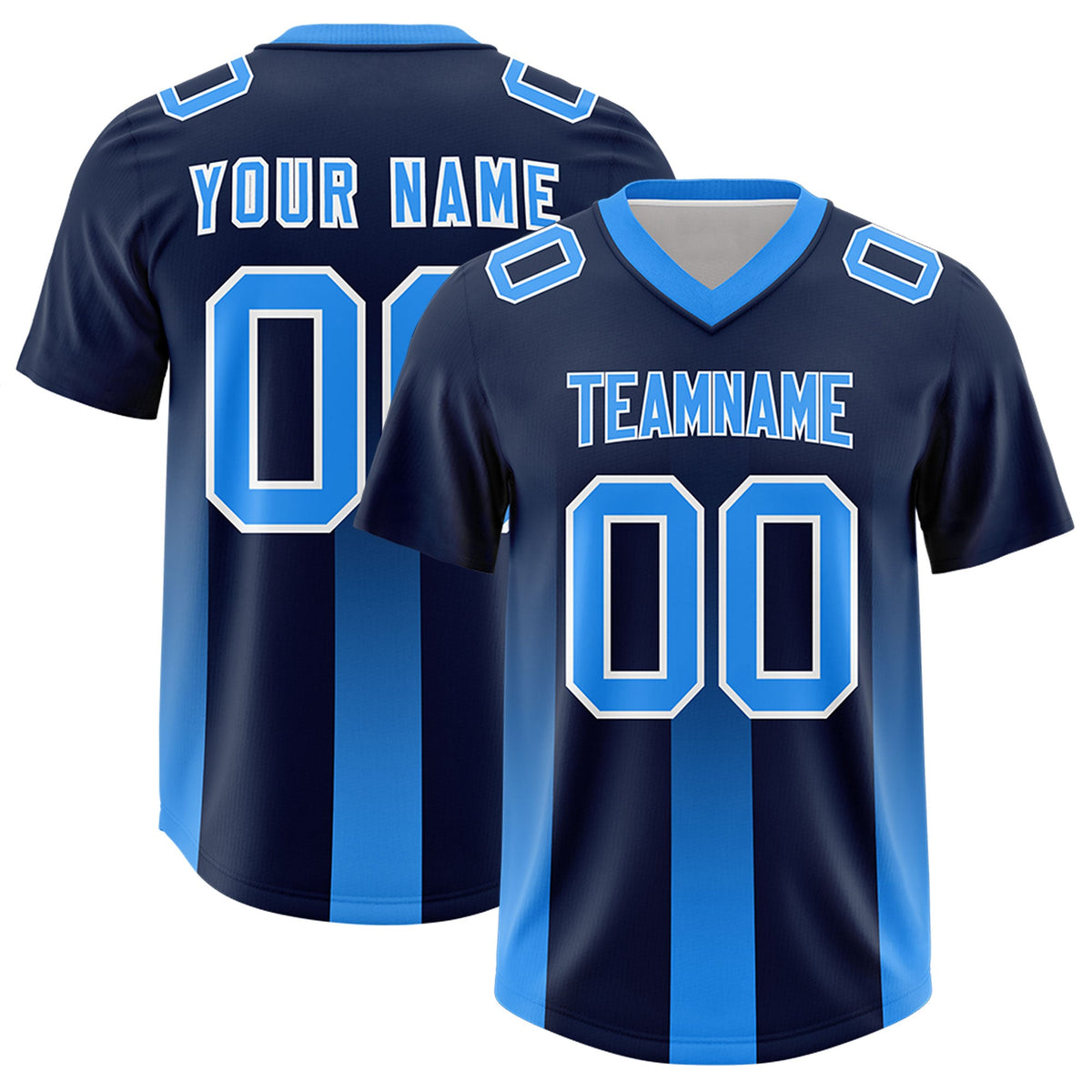 Custom Navy Light Blue Vertical Width Stripe Gradient Fashion Personalized Team American Football Jersey