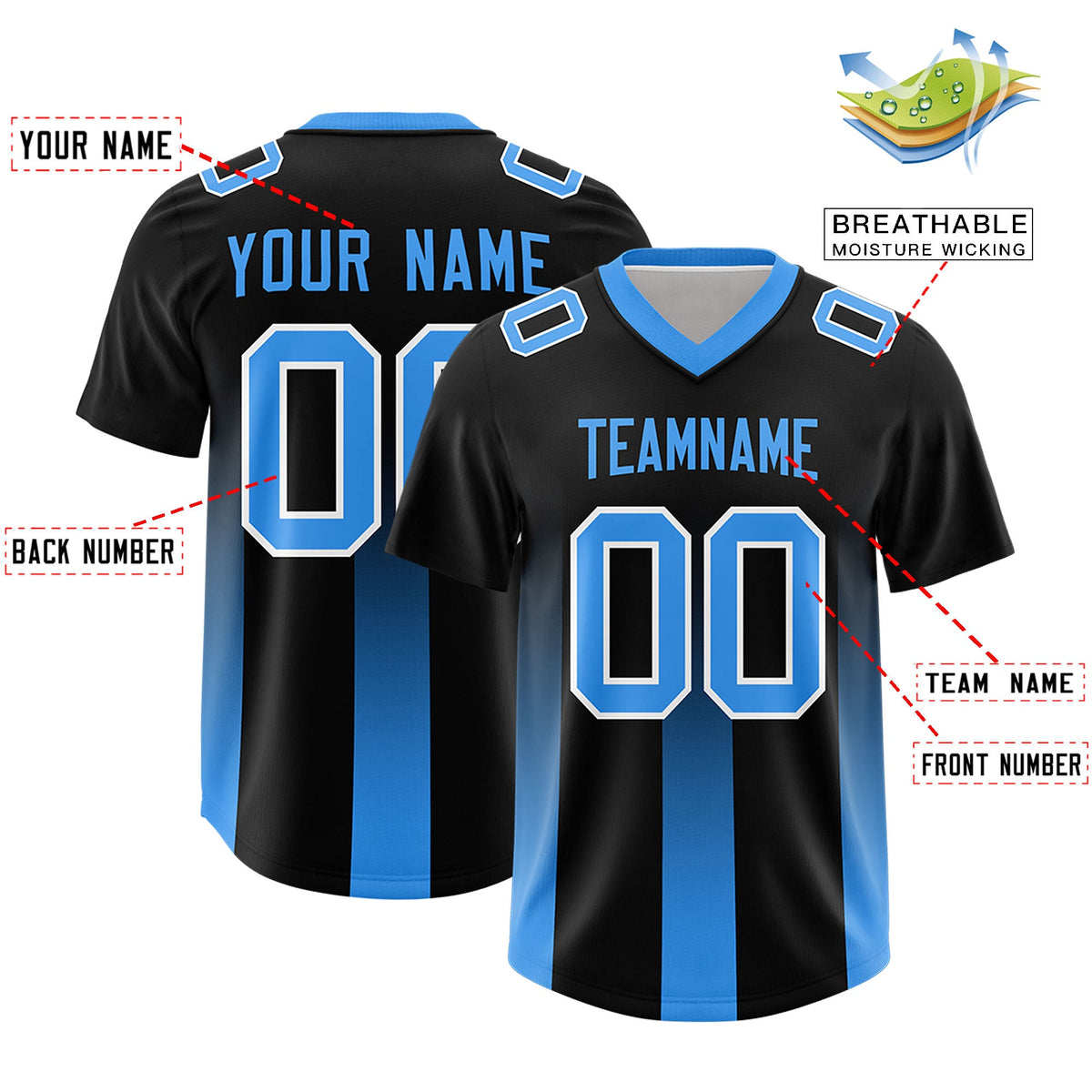 Custom Black Light Blue Vertical Width Stripe Gradient Fashion Personalized Team American Football Jersey