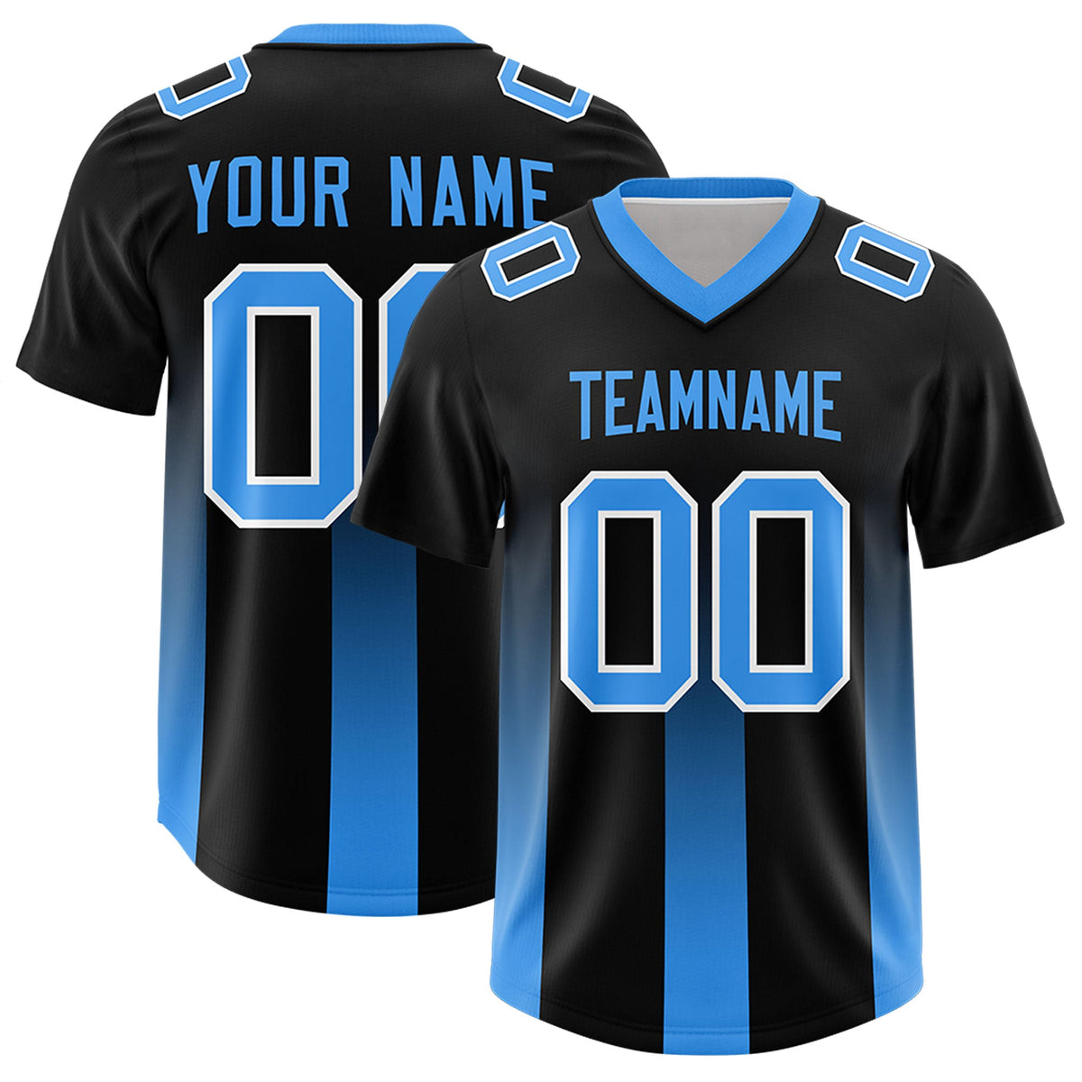 Custom Black Light Blue Vertical Width Stripe Gradient Fashion Personalized Team American Football Jersey