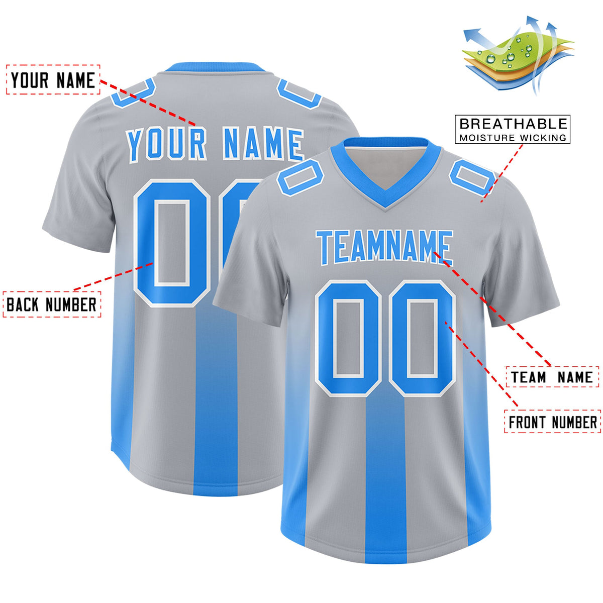 Custom Gray Light Blue Vertical Width Stripe Gradient Fashion Personalized Team American Football Jersey