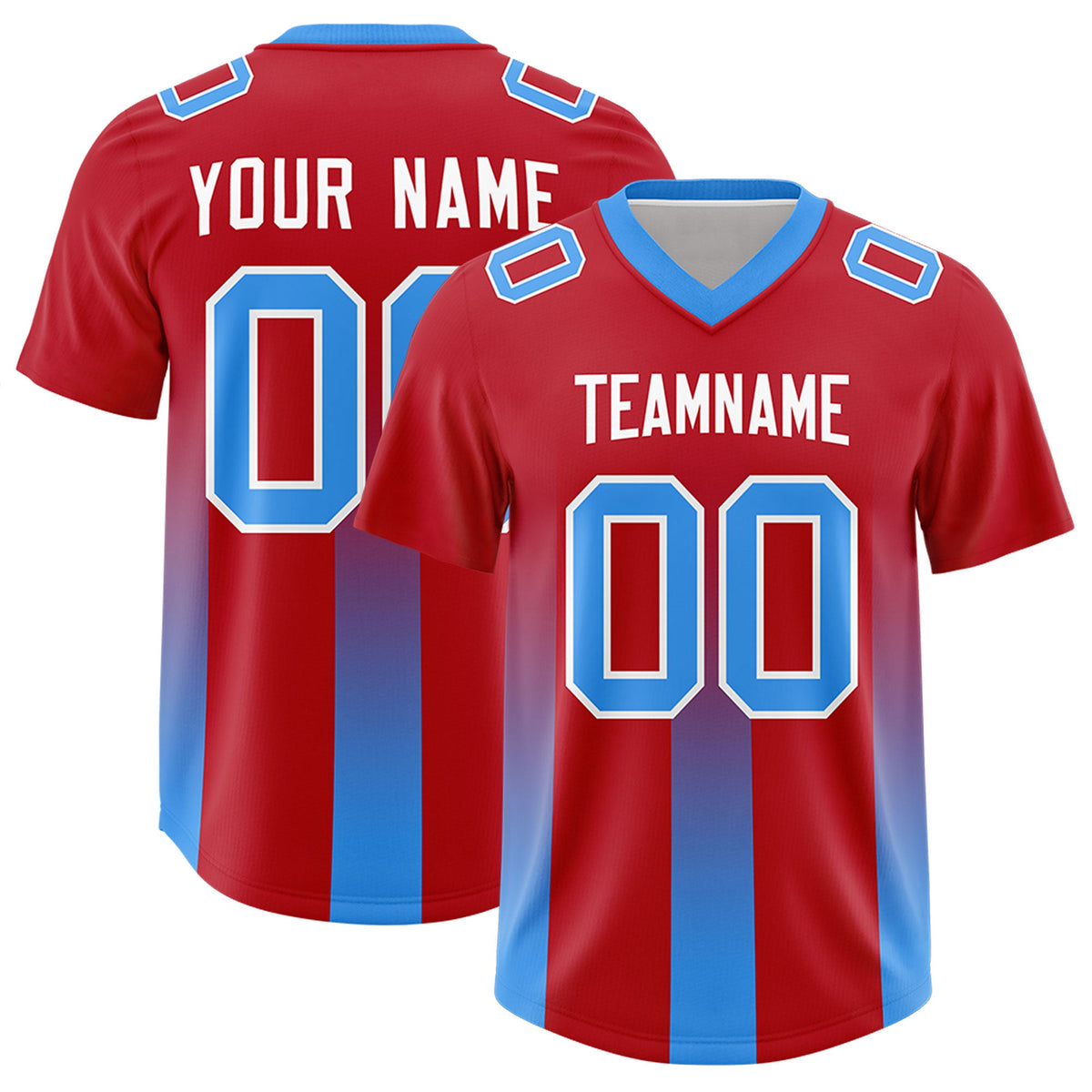 Custom Red Light Blue Vertical Width Stripe Gradient Fashion Personalized Team American Football Jersey