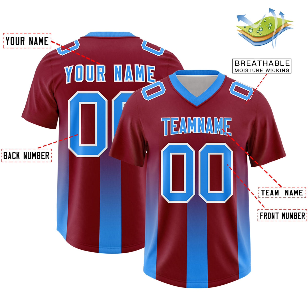 Custom Cardinal Light Blue Vertical Width Stripe Gradient Fashion Personalized Team American Football Jersey