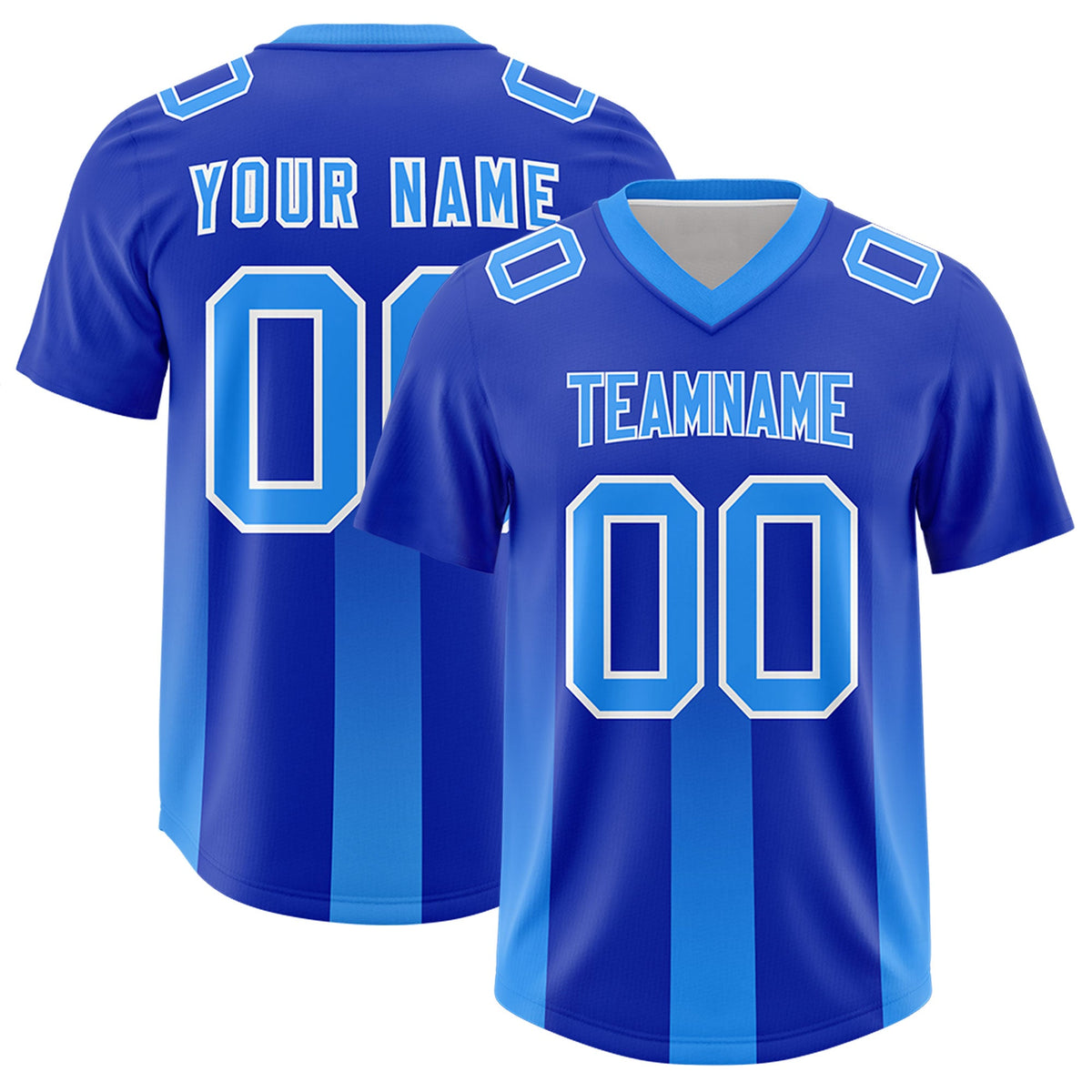 Custom Royal Light Blue Vertical Width Stripe Gradient Fashion Personalized Team American Football Jersey