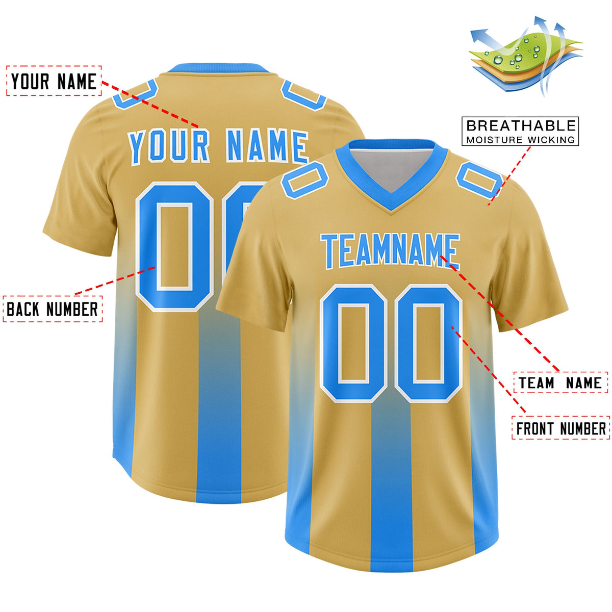 Custom Khaki Light Blue Vertical Width Stripe Gradient Fashion Personalized Team American Football Jersey