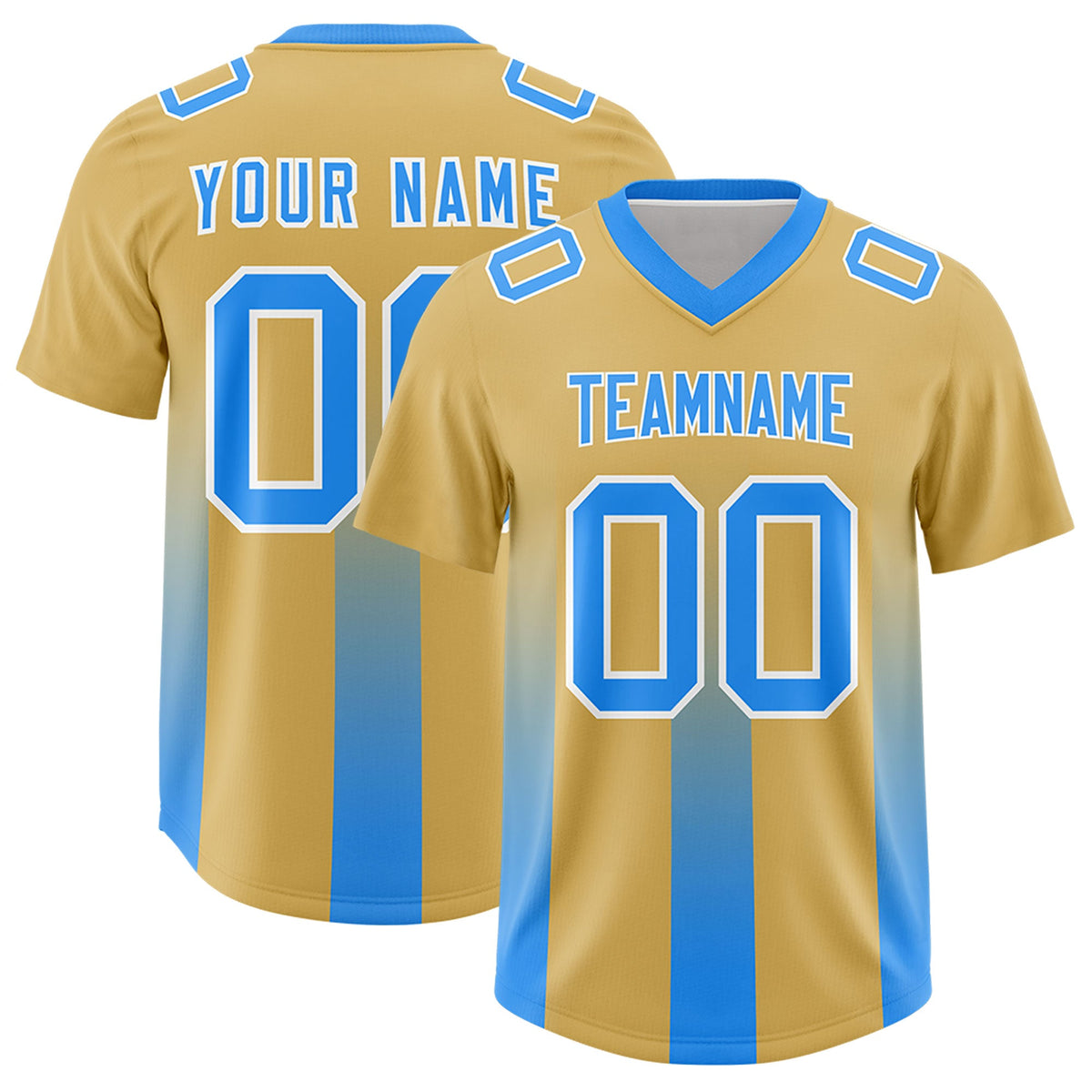 Custom Khaki Light Blue Vertical Width Stripe Gradient Fashion Personalized Team American Football Jersey